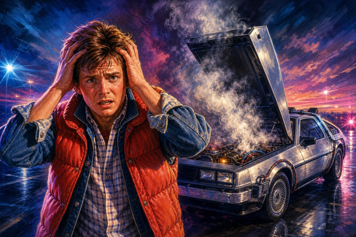Ilustrație stil afiș anii 80: personaj îngrijorat, lângă o mașină argintie cu capota deschisă și fum gros la motor — scenă decorativă campanie TIMEHEIST.